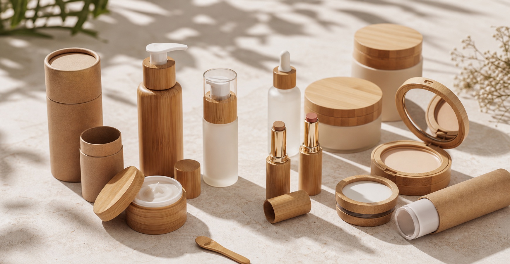 Bamboo cosmetic packaging collection with jars, bottles, lipstick tubes, compacts and natural caps