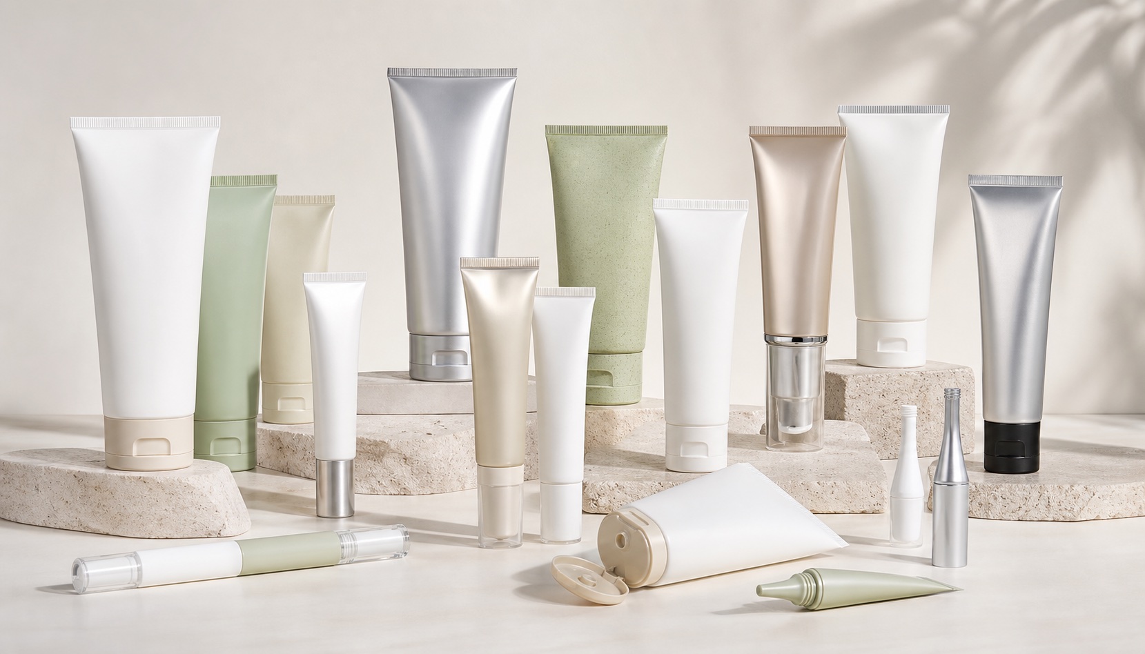 Cosmetic tube packaging collection with PE tubes, ABL tubes, aluminum tubes, dual end tubes and sunscreen tubes