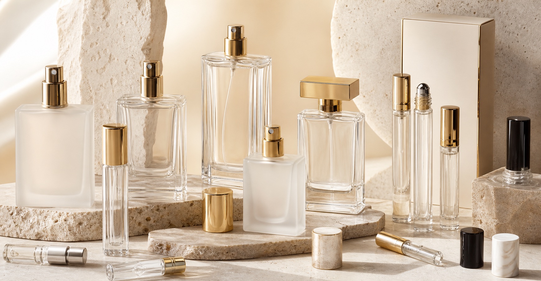 Perfume and fragrance packaging collection with glass bottles, atomizers, roll on bottles and sample vials