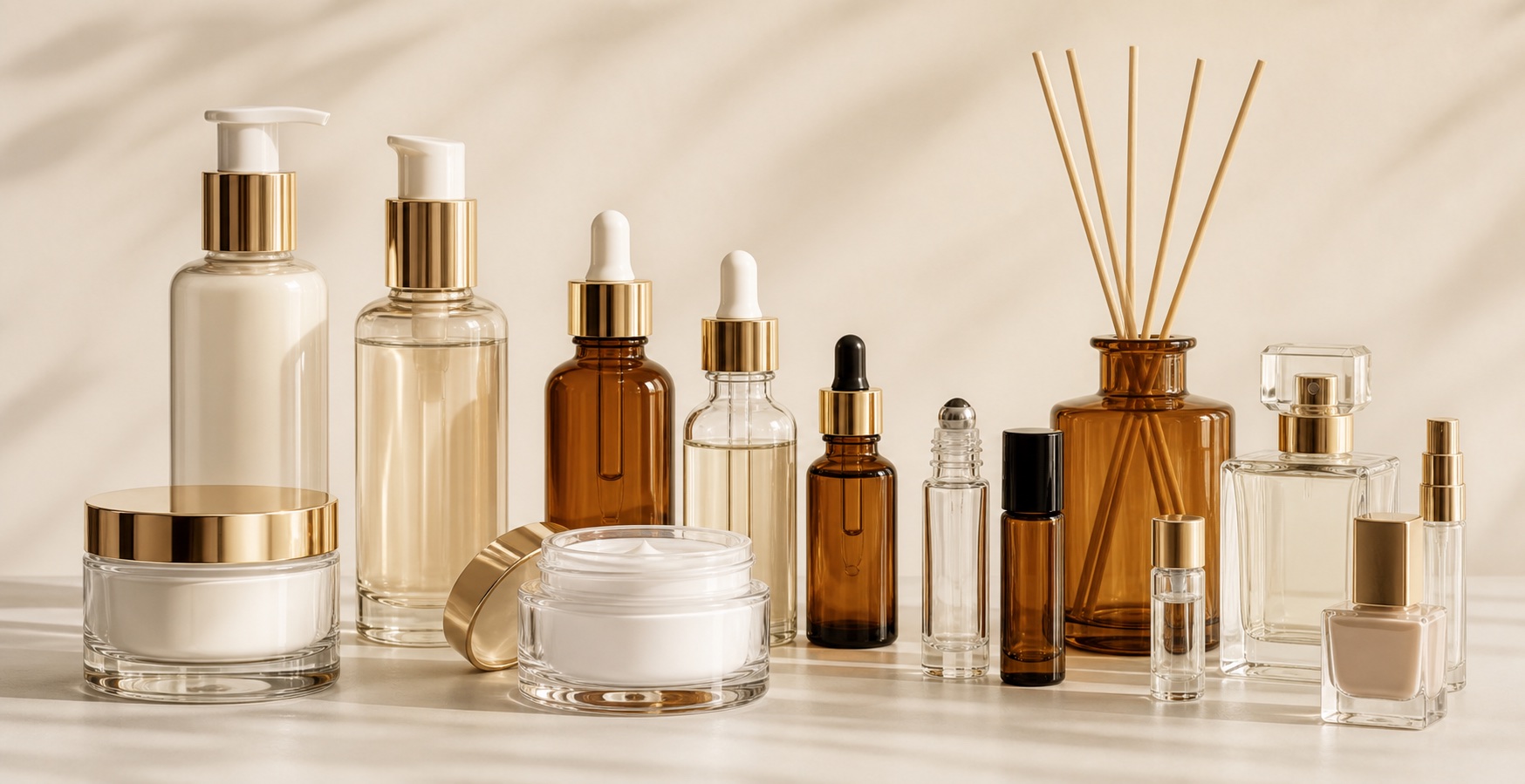 Frosted glass cosmetic jar and bottle packaging collection for a luxury skincare brand