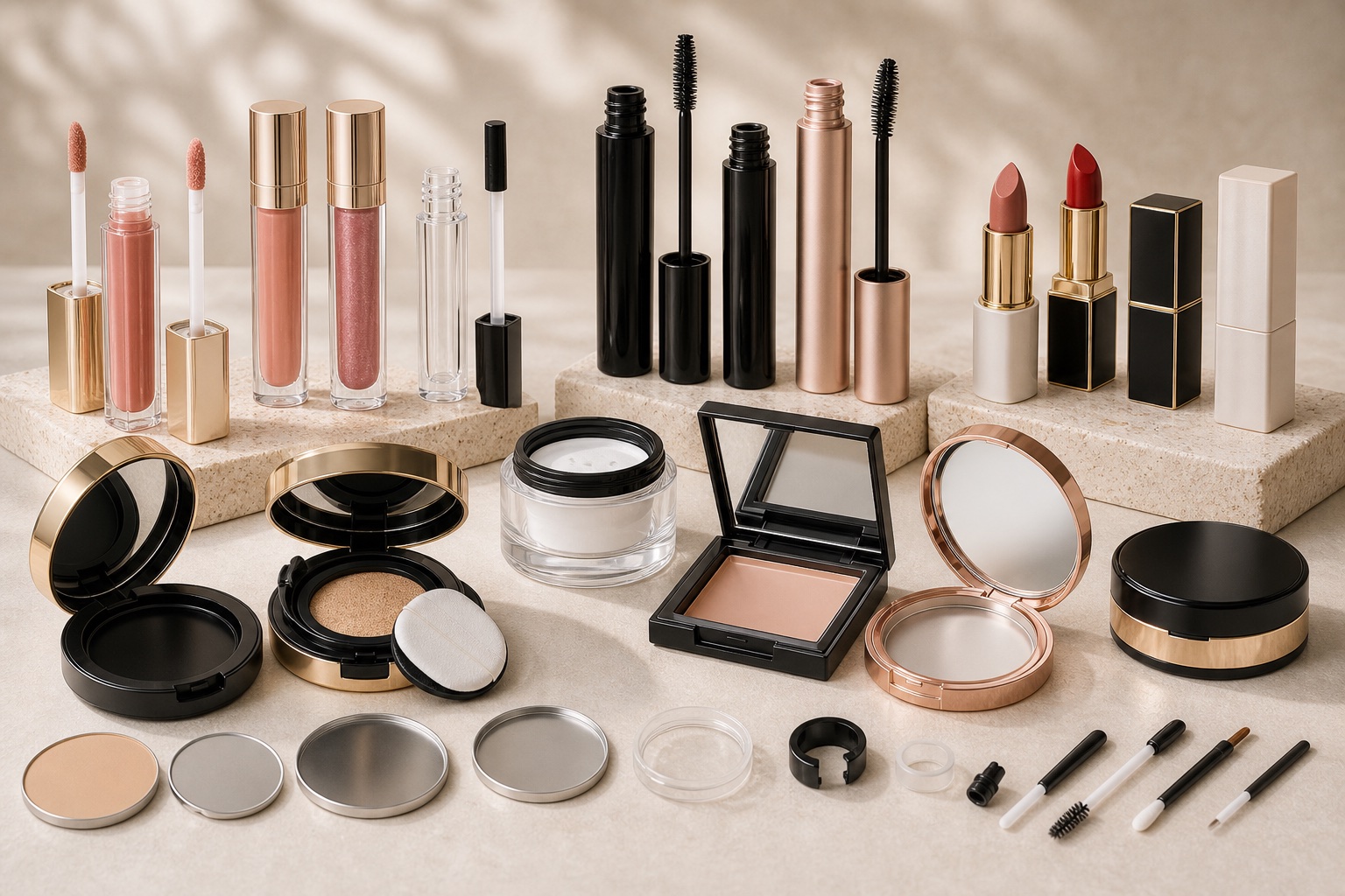 Makeup packaging collection with lip gloss tubes, mascara tubes, lipstick tubes, compacts, cushion cases and applicators