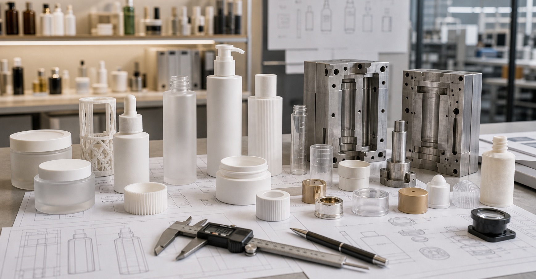 Custom cosmetic packaging mold development with bottle and jar prototypes