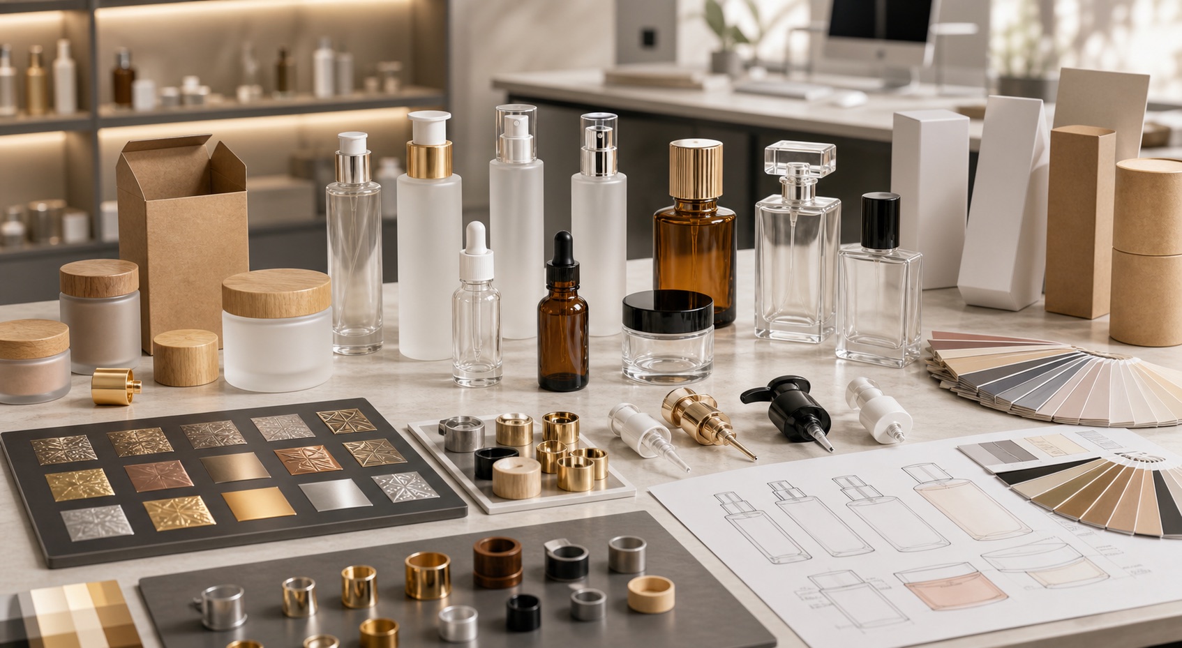 OEM cosmetic packaging branding support with sample bottles, jars and color swatches