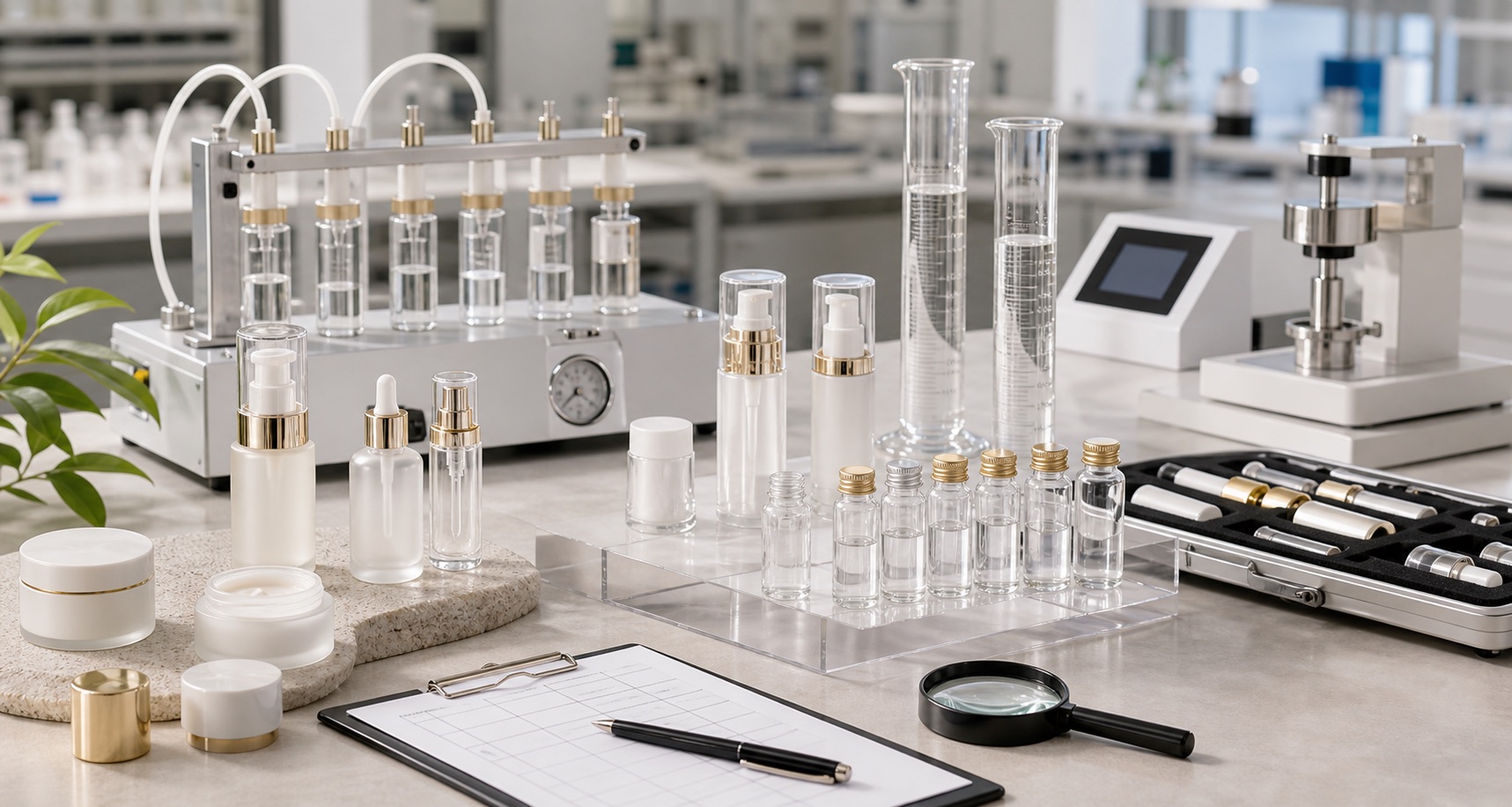 Cosmetic packaging formula compatibility and QC testing with bottles, jars and lab tools