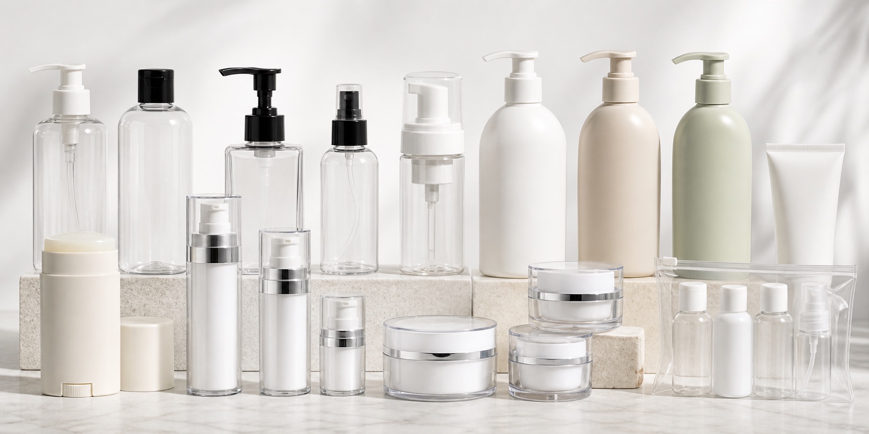 Airless and plastic cosmetic pump packaging collection for sensitive active formulas