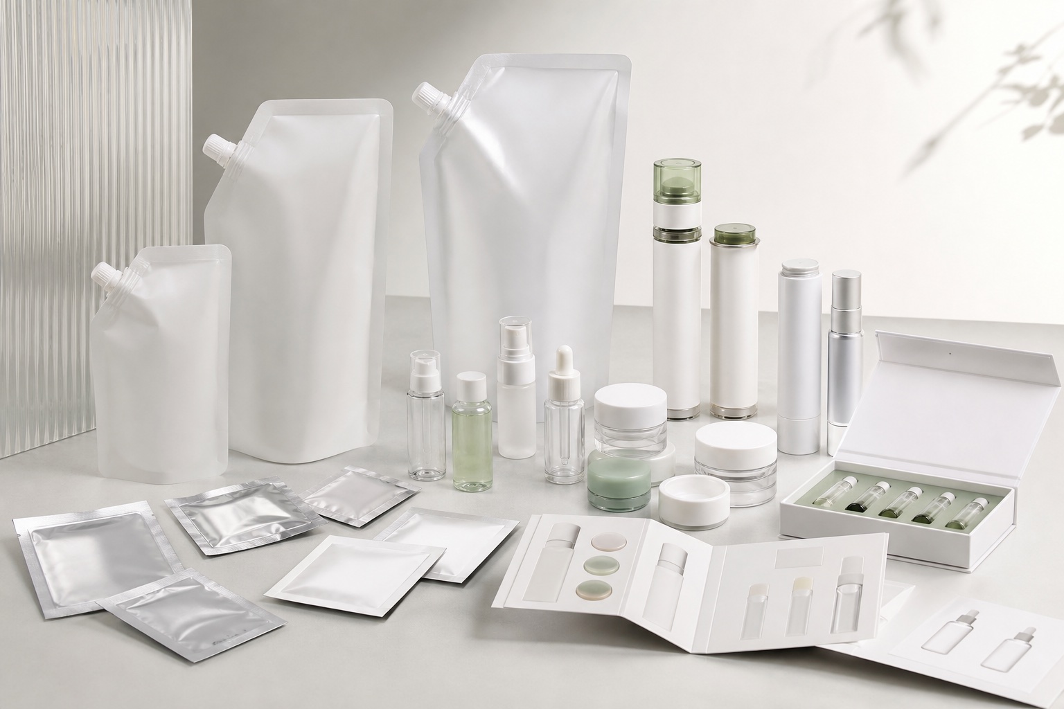 Refillable and sustainable cosmetic packaging collection with refill pouches, pods, sachets, mini bottles and sample vials