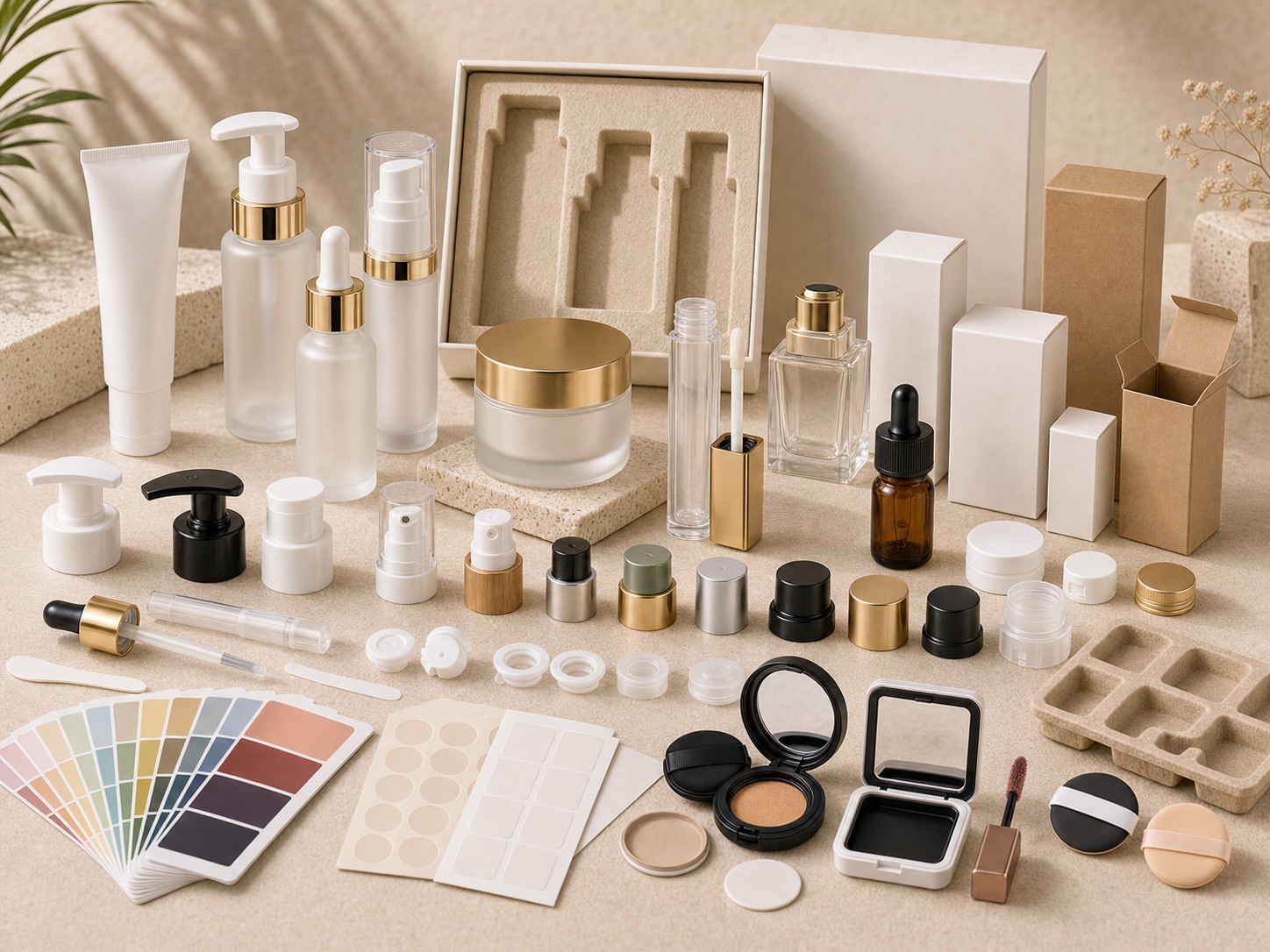 Turnkey private label cosmetic packaging launch kit with bottles, jars, tubes, pumps, caps, color swatches, cartons and molded pulp inserts