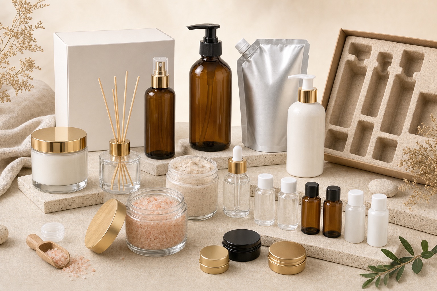Complete spa and home fragrance packaging kit with candle jar, reed diffuser bottle, room spray, bath care jars, pump bottles, refill pouch and boxes