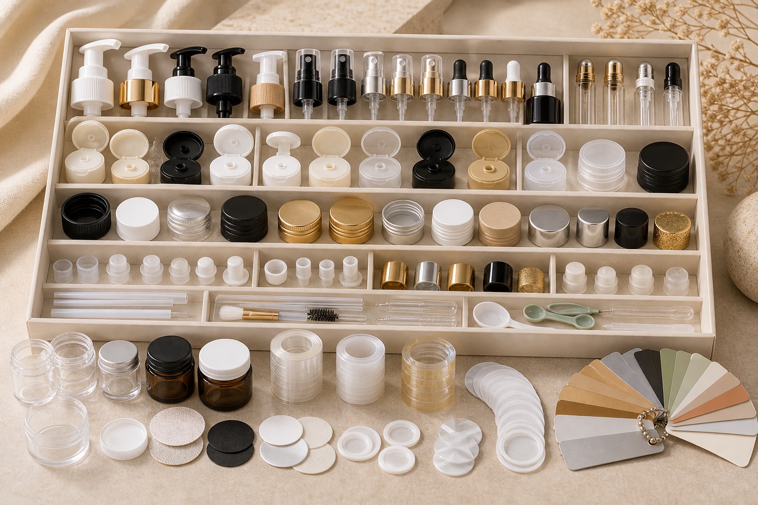 Cosmetic packaging accessory starter kit with pumps, sprayers, caps, droppers, rollerballs, liners, reducers, shrink bands and spatulas
